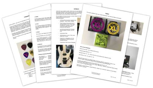 Mockup von vier Seiten Bonusmaterial mit Bildern von Gitarren-Zubehör und Noten