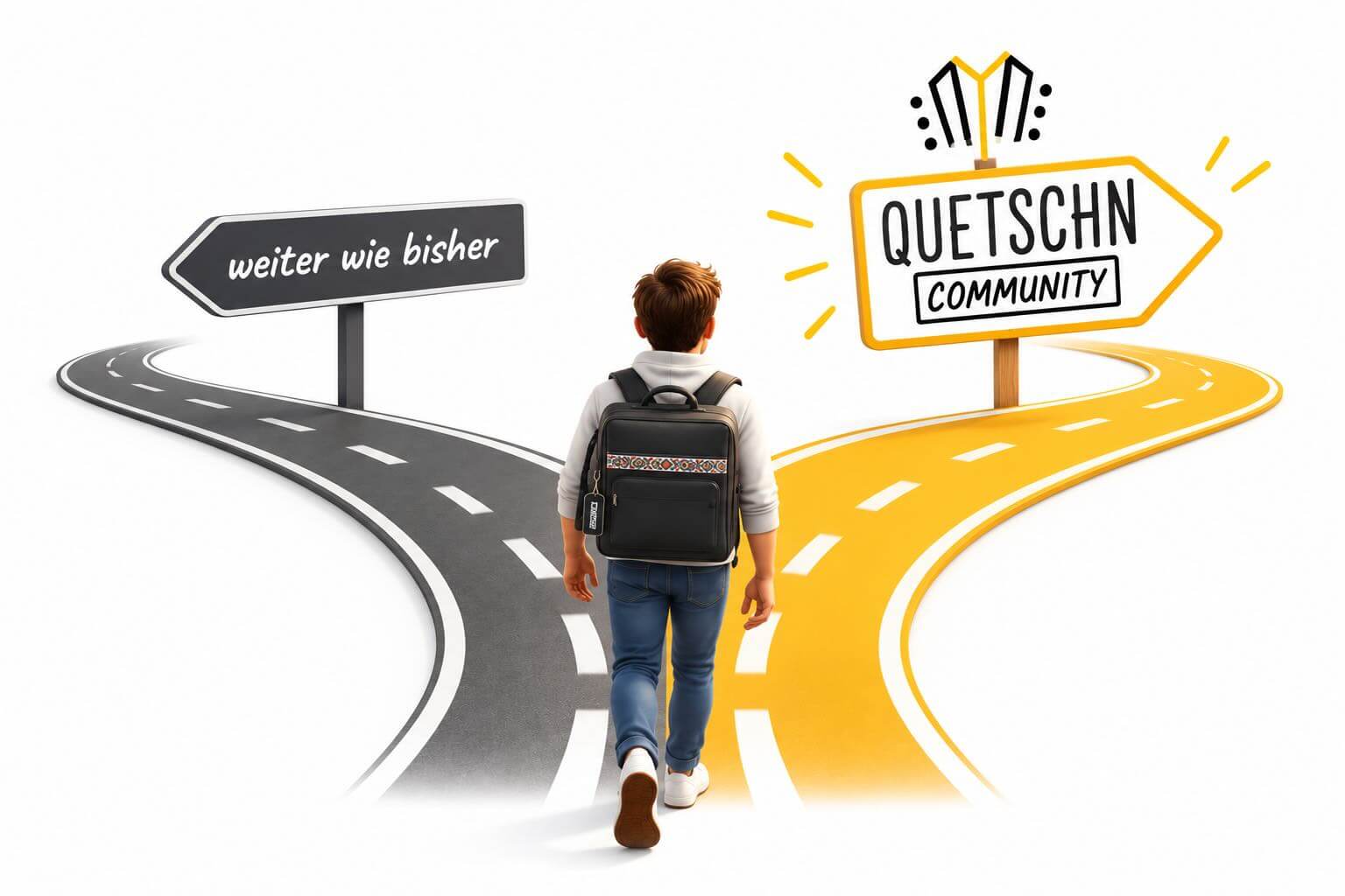 Grafik mit Junge an Kreuzweg zwischen grauem Weg mit Schild 'weiter wie bisher' und gelbem Weg mit Schild 'Quetschn Community