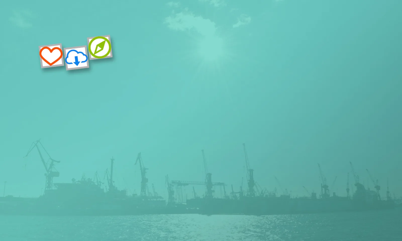 Türkisfarbener Hintergrund mit Hafensilhouette und drei Icons für Herz, Cloud und Blatt