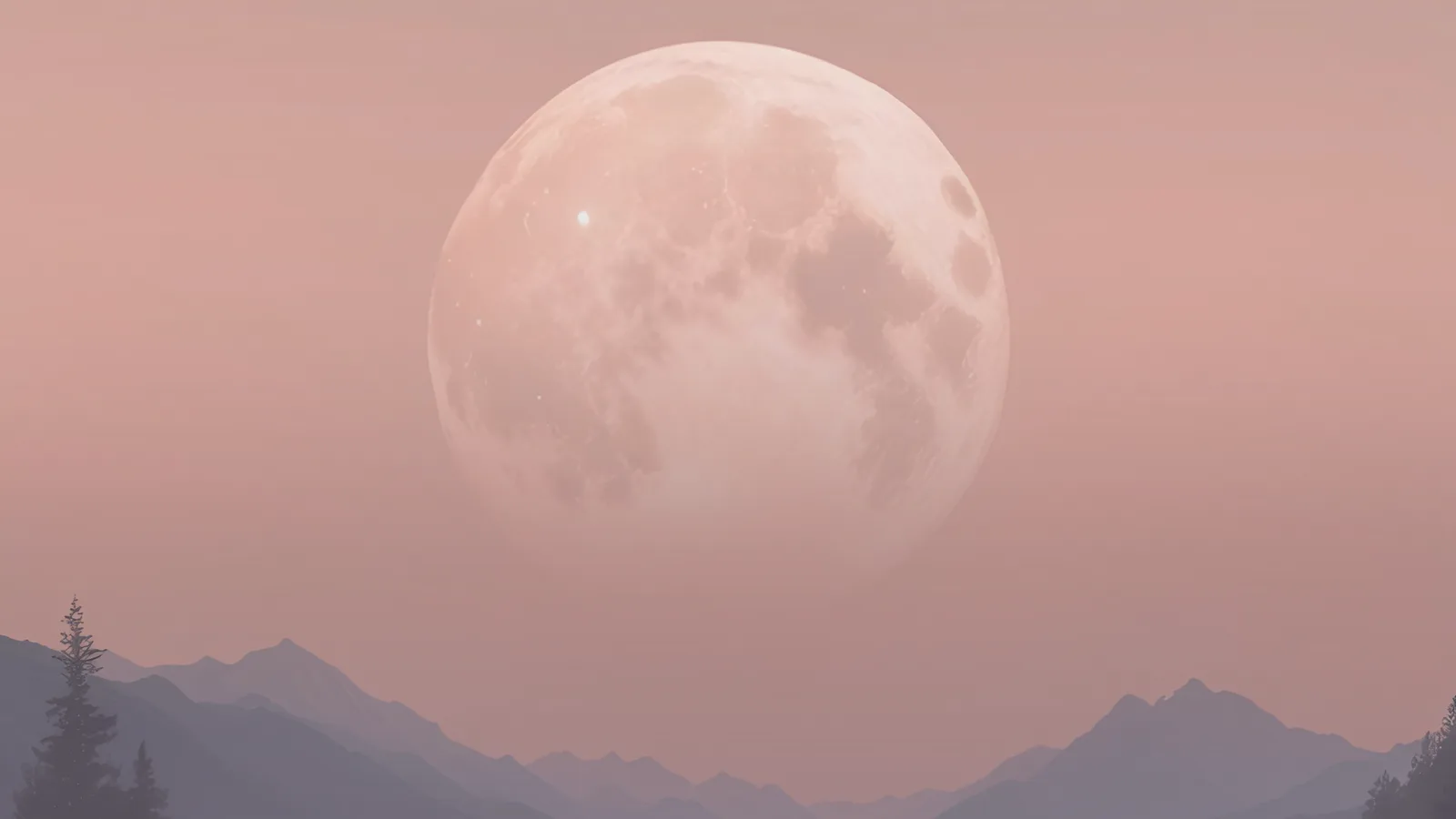 Mondlandschaft mit großem Vollmond über Bergen in Rosa- und Grautönen