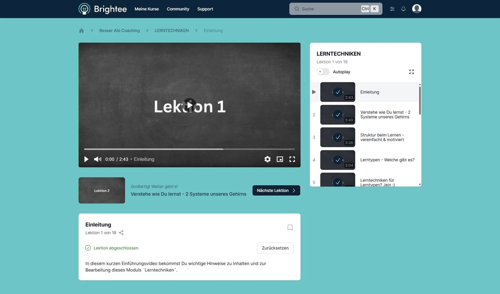 Screenshot der Besser Abi Lernplattform mit Videomodule, Lektion 1 Einleitung angezeigt