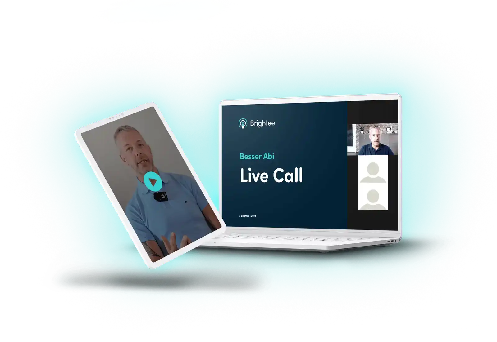 Mockup eines Live-Call-Interfaces mit Tablet und Laptop, zeigt Besser Abi Videokonferenz mit Moderator