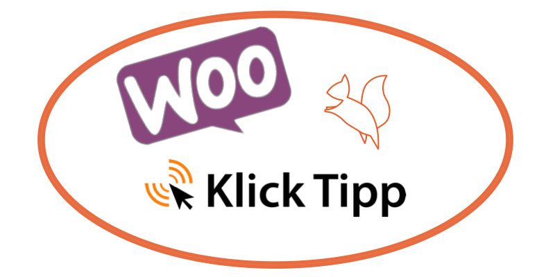 Bessere Bewertungen für WooCommerce – Plugin für Kundenrezensionen 5 WooCommerce und KlickTipp Logos mit Verbindungspfeil in orangem Oval