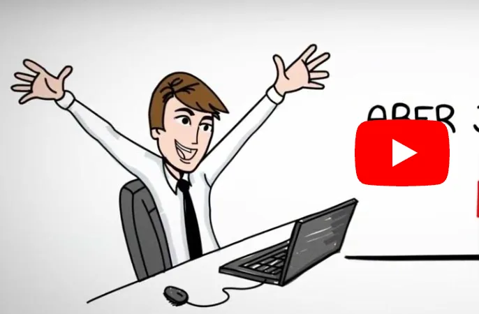 Bessere Bewertungen für WooCommerce – Plugin für Kundenrezensionen 4 Cartoon-Illustration eines glücklichen Geschäftsmannes mit erhobenen Armen am Laptop