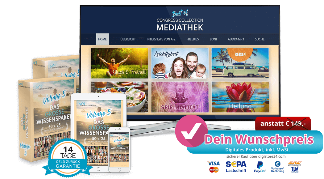 Mediathek-Website mit Produktboxen, Tablet und Smartphone, 14 Tage Geld-zurück-Garantie Siegel, Zahlungsoptionen