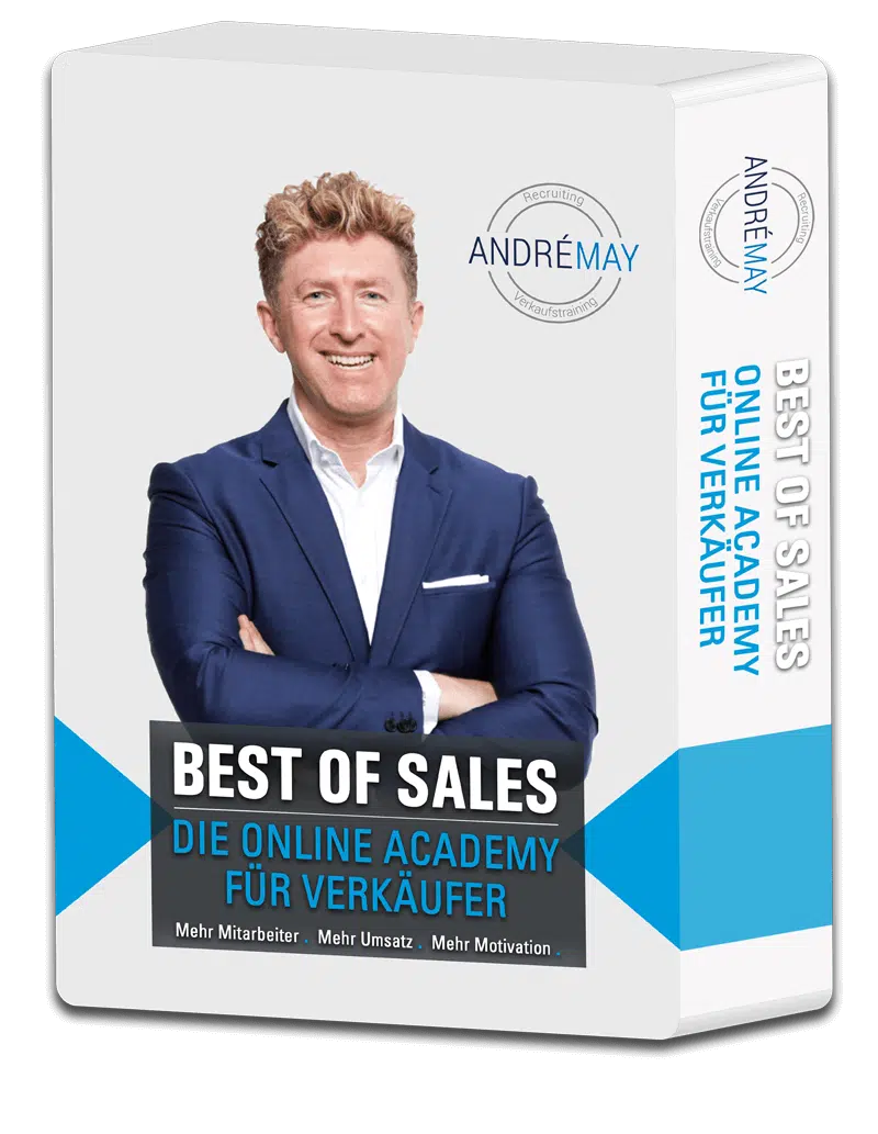 Best of Sales Academy Produktbox-Mockup mit Porträt von André May, blau-weißes Design mit Academy-Zertifikaten und Logos