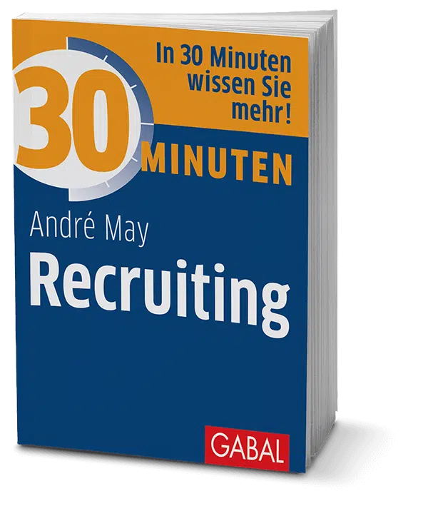 Buchcover 30 Minuten Recruiting von André May im GABAL-Verlag, blaues und orange Design mit Uhr-Logo