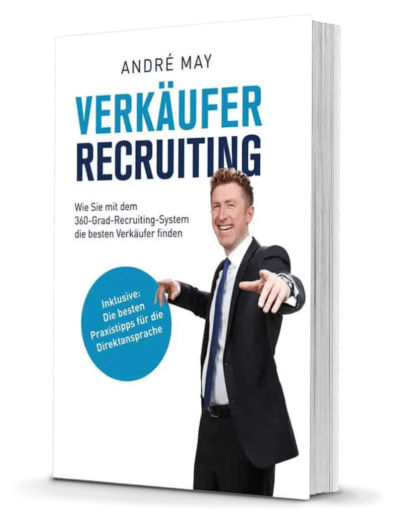 Buchcover Verkäufer Recruiting von André May, Autor im Business-Anzug zeigt auf Kamera, blauer Kreis mit Textbox