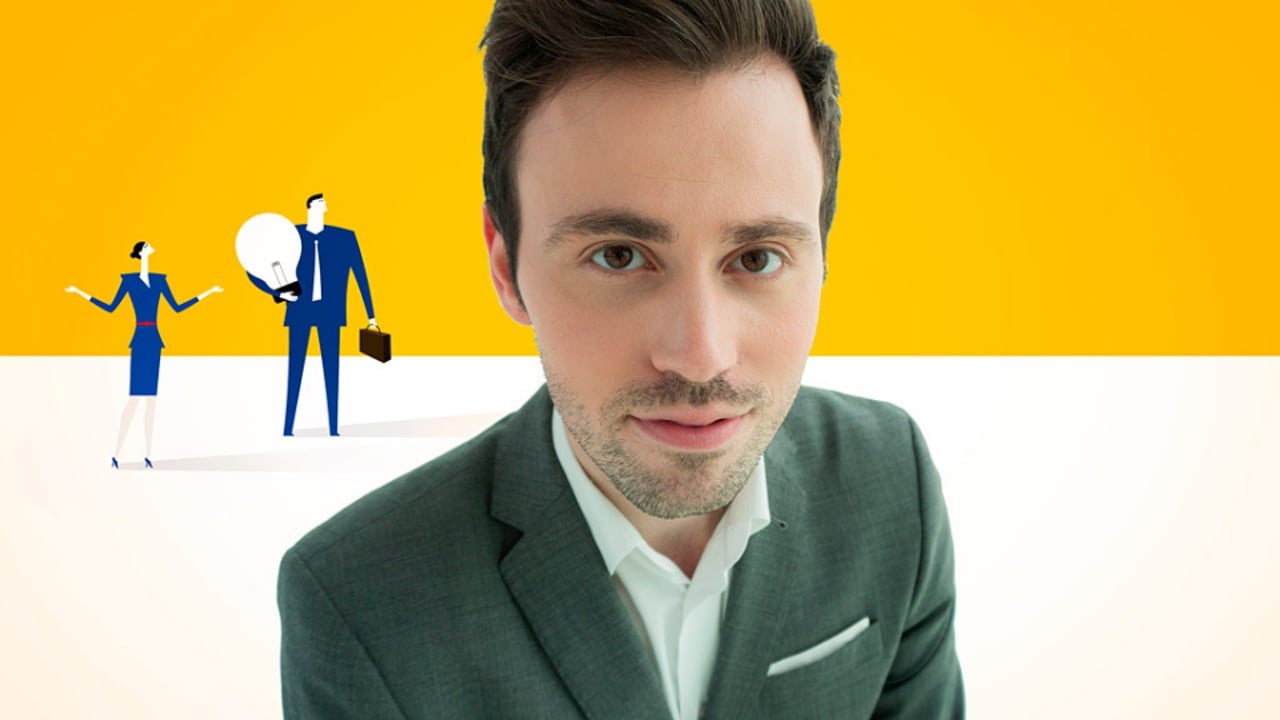 Mann im grünen Anzug auf gelbem und weißem Hintergrund mit Illustration von Geschäftsleuten