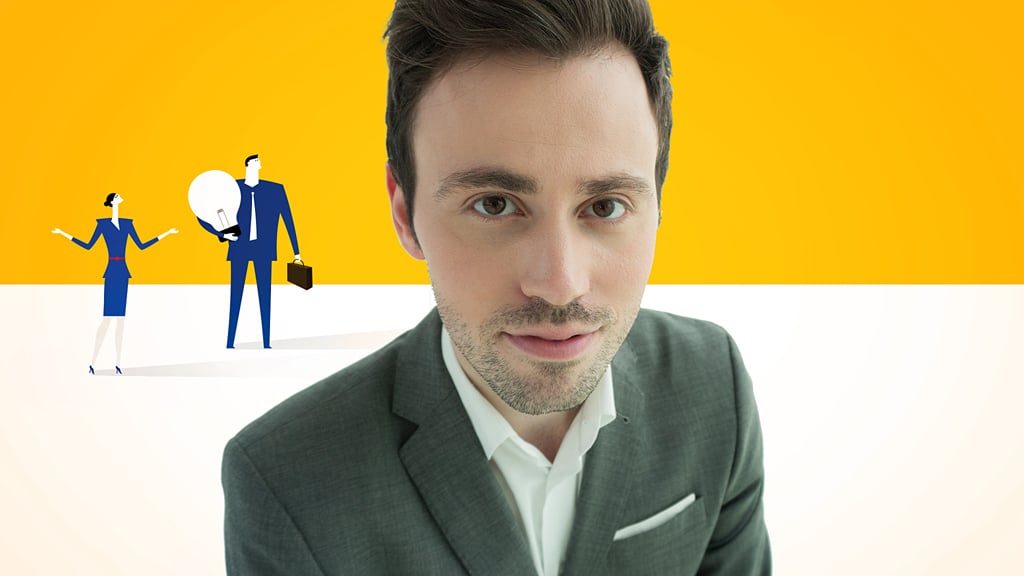 Bewerbungstraining Online-Kurs Hero-Banner mit Mann im grünen Anzug und Illustration von Geschäftsleuten