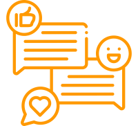Orange Icon: Sprechblasen mit Daumen und Herz symbolisieren schnelles Feedback