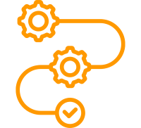 Orange Icon: Zahnräder mit Häkchen symbolisieren Automatisierung