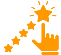 Orange Icon: Sterne mit zeigender Hand symbolisieren Markenimage-Verbesserung