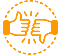 Icon mit zwei Daumen nach oben und unten in orangem Kreis, Symbol für Umgang mit Bewertungen