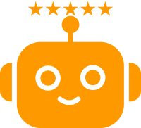 Orange Roboter-Icon mit lächelndem Gesicht und fünf Sternen, Symbol für KI-Tools