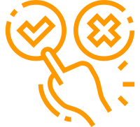 Orange Icon: Hand zwischen Häkchen und Kreuz symbolisiert Kaufentscheidung