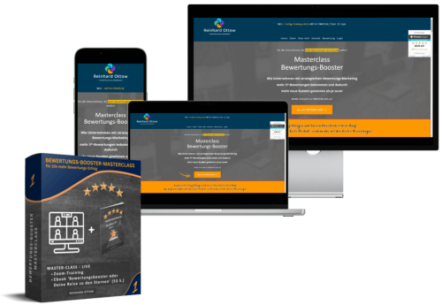 Produktmockup der Bewertungs-Booster-Masterclass auf Smartphone, Tablet und Desktop mit Produktbox