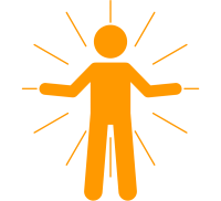 Orange Icon: Figur mit Strahlen symbolisiert Online-Sichtbarkeit