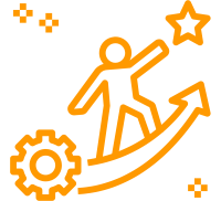 Orange Icon: Figur mit Stern und Pfeil symbolisiert Umsatzsteigerung durch Bewertungen