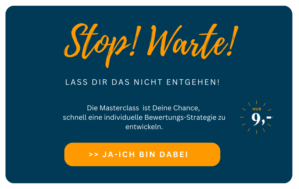 Pop-up mit dunkelblauem Hintergrund, orangem Text und Call-to-Action-Button zur Bewertungs-Booster-Masterclass
