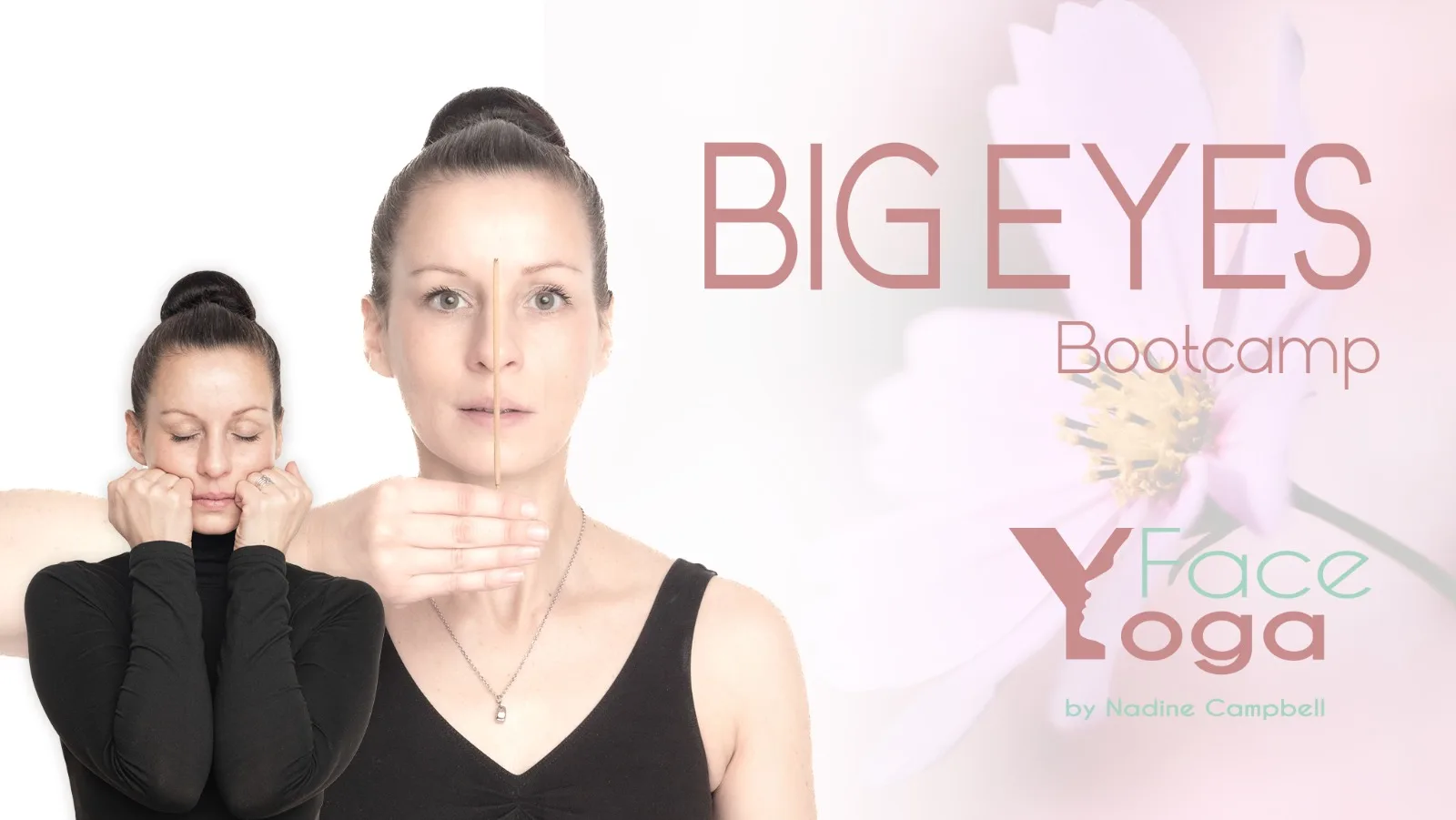 Big Eyes Bootcamp – Face-Yoga-Videokurs für die Augenpartie 2 Big Eyes Bootcamp Hero-Banner mit Face Yoga Übungen und Blumenmotiv
