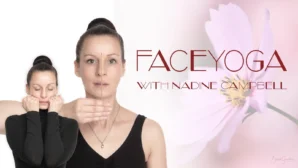 Face Yoga Kurs Hero-Banner mit Nadine Campbell und floralem Design