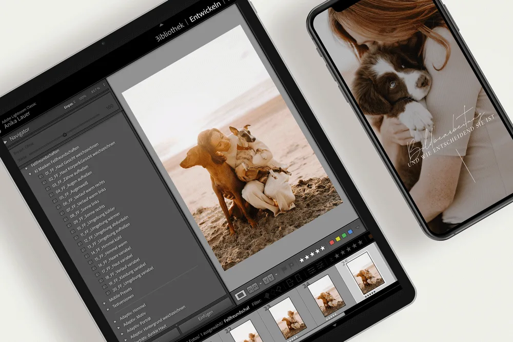 Tablet und Smartphone mit Lightroom-Bibliothek und Bearbeitungsscreen von Strand-Fotografie