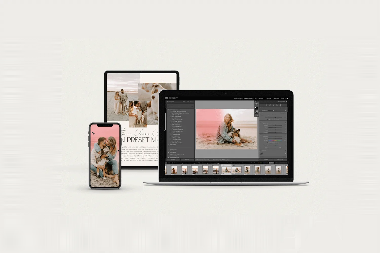 Mockup mit Smartphone, Tablet und Laptop zeigt Preset-Materialien und Bearbeitungs-Interface