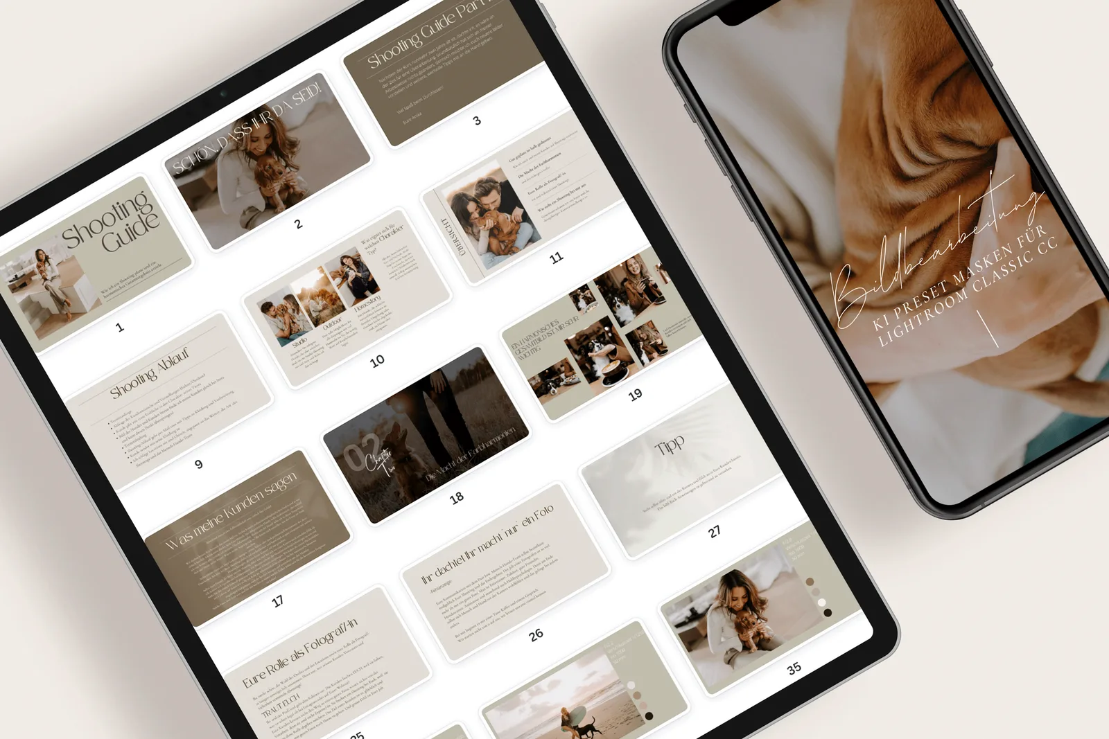 Tablet und Smartphone zeigen Shooting-Guide und Preset-Inhalte