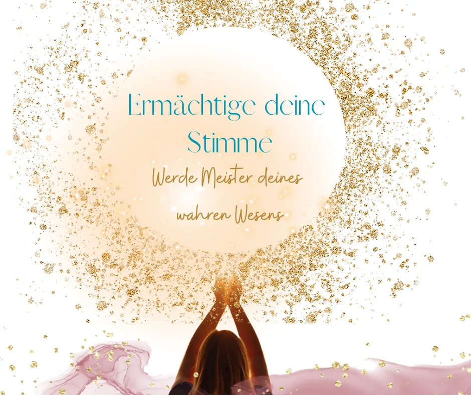 Frau von hinten mit erhobenen Händen, goldenes Glitter-Design, Text Ermächtige deine Stimme