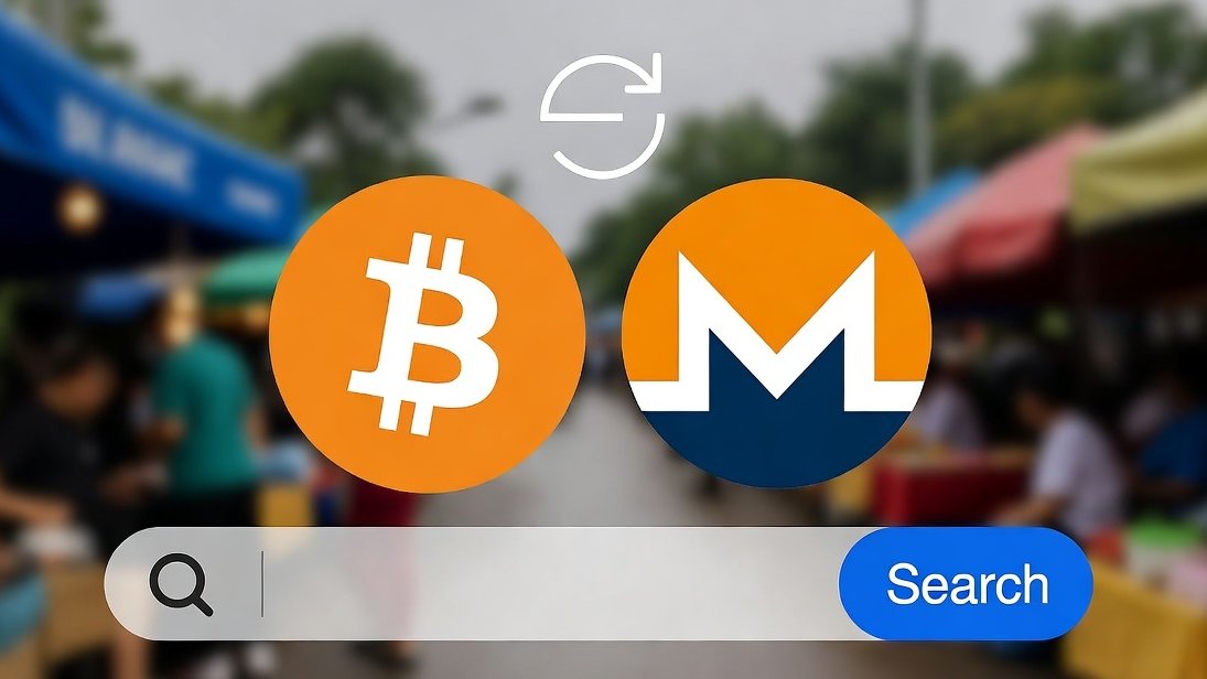 Vergleich Bitcoin und Monero Symbole mit Suchfunktion Mockup