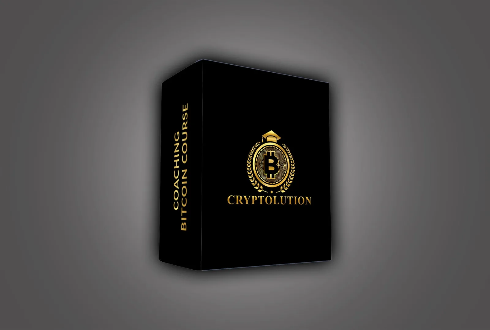 Produktbox Bitcoin + Blockchain Kurs Coaching von Zarbo Cryptolution mit goldenem Bitcoin-Logo und Lorbeerkranz auf schwarzem