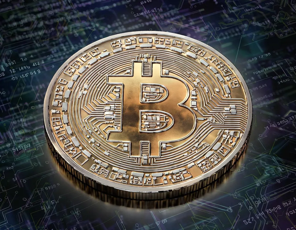 Bitcoin-Münze mit B-Symbol auf technologischem Hintergrund mit Schaltkreisen