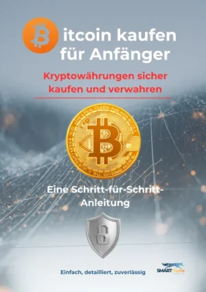 E-Book Cover Bitcoin kaufen für Anfänger mit Orange Bitcoin Logo und Sicherheitsschild