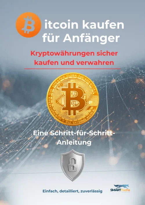 E-Book Cover Bitcoin kaufen für Anfänger mit Orange Bitcoin Logo und Sicherheitsschild