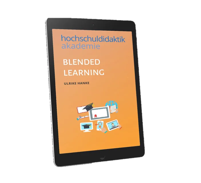 Tablet-Mockup des Blended-Learning-Kurses der Hochschuldidaktik-Akademie mit orangem Cover