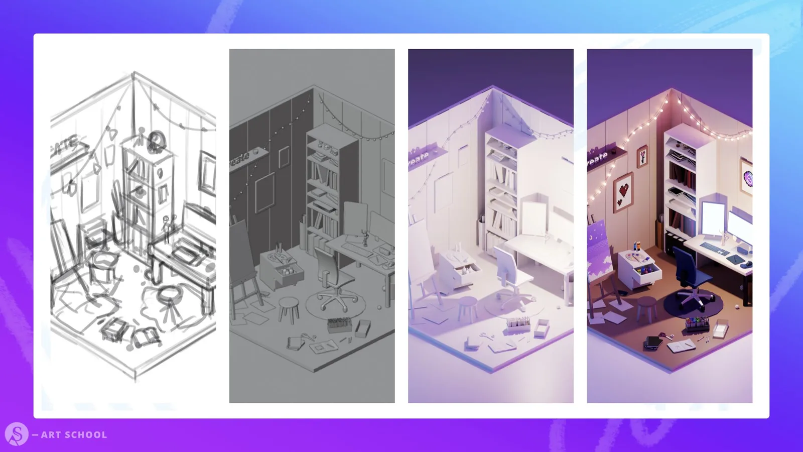 Progression von Skizze zu 3D-Modellierung eines isometrischen Künstler-Arbeitsraums mit Beleuchtung
