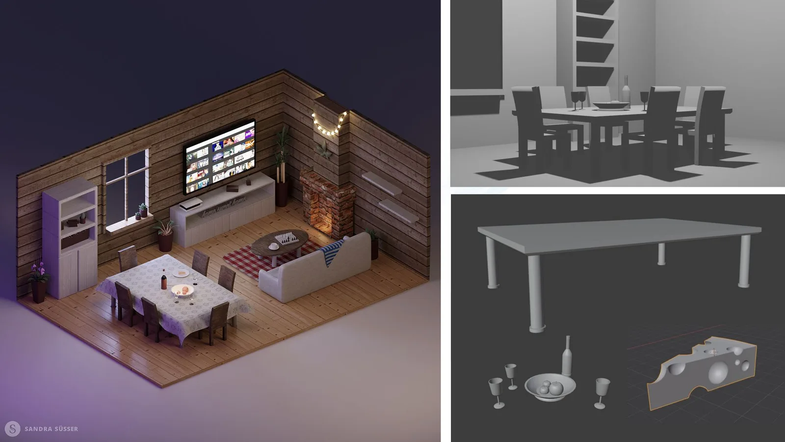 Wohnraum-Modellierung mit Rendering-Progression und Einrichtungsdetails wie Tisch und Teller
