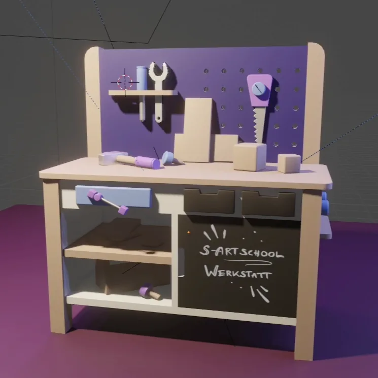 3D-Modell einer Werkstatt-Pegboard mit Werkzeugen, Pinsel und Klemmen in Pastelltönen