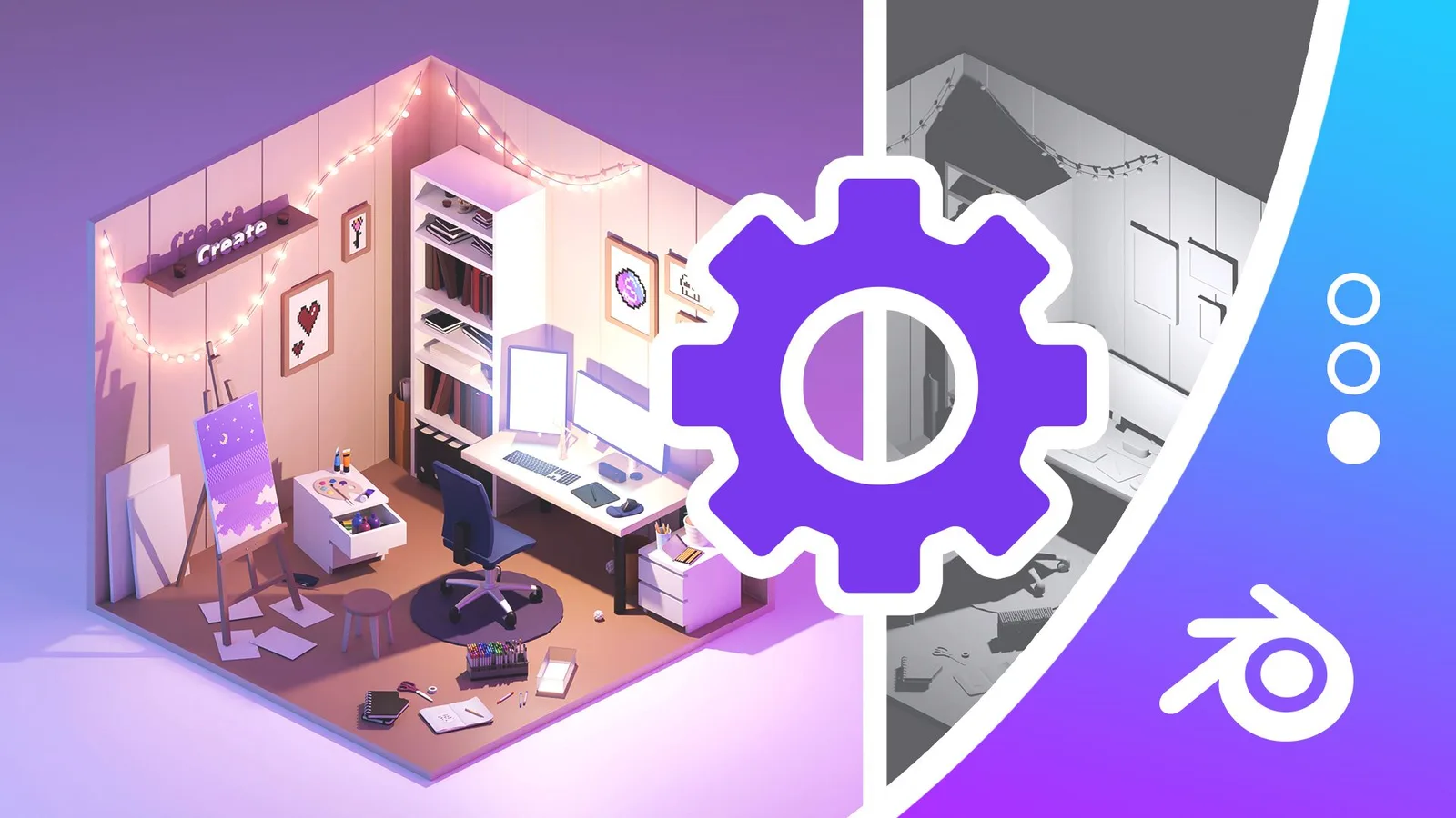 Isometrische 3D-Szene eines kreativen Arbeitszimmers mit Zahnrad-Symbol und Blender-Logo