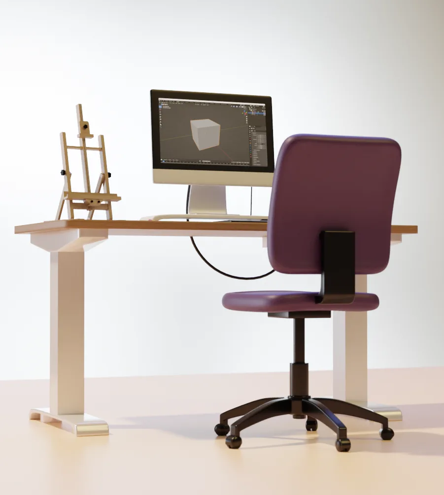 3D-Rendering eines Arbeitsplatzes mit Monitor, Stuhl, Tisch und Staffelei