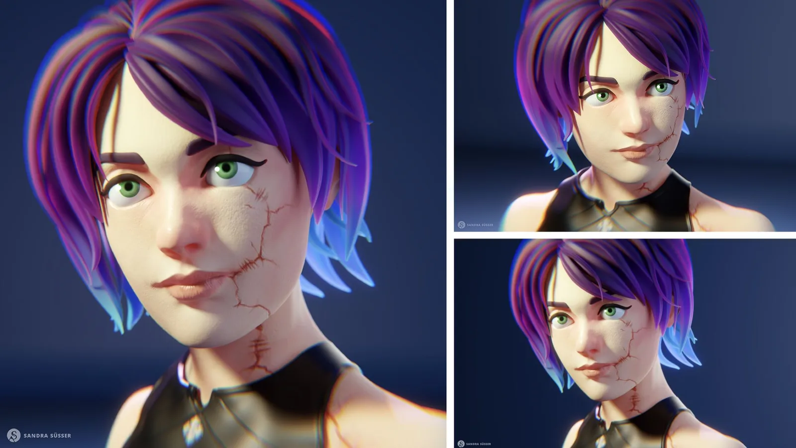 Character-Porträts einer Frau mit violetten Haaren in verschiedenen Ausdrücken und Perspektiven