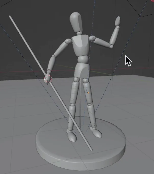 3D-Modell eines artikulierten Charakters in Blender mit Stab, auf grauer Plattform
