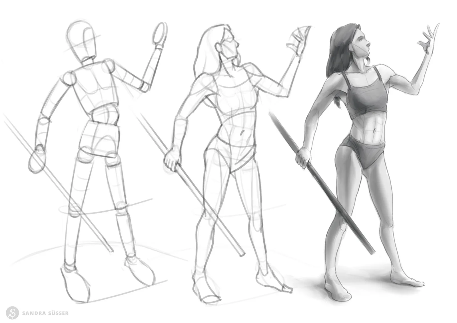 Zeichnungs-Progression von roboterhafter Figur zu weiblichem Charakter mit Stab