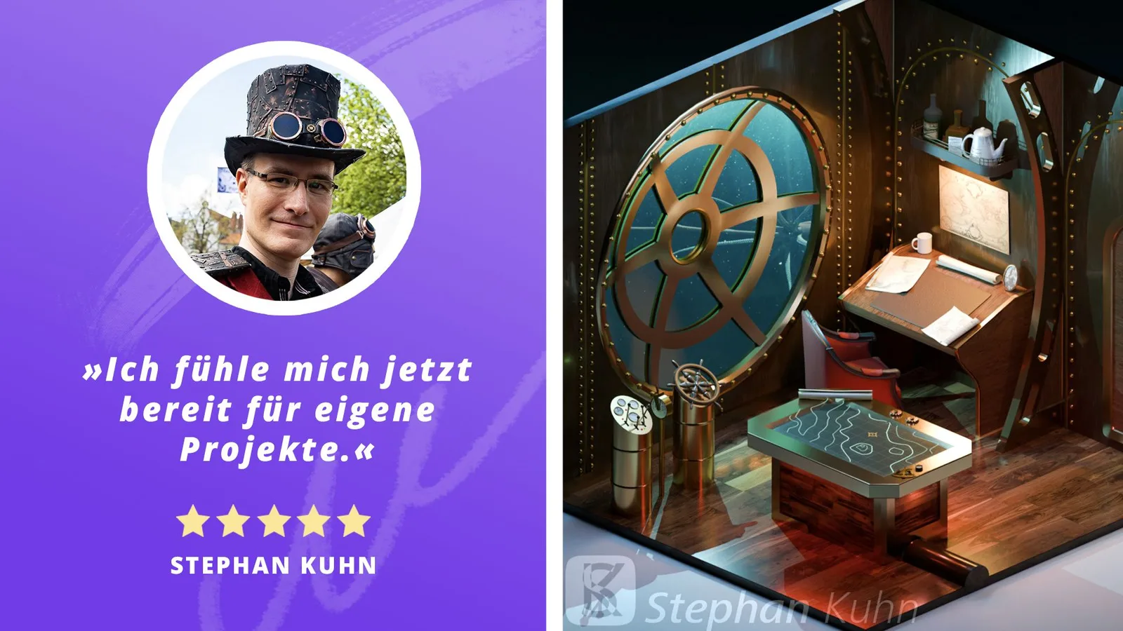 Testimonial von Stephan Kuhn mit Steampunk-Hut und 3D-Modelliertes Steampunk-Büro in Blender