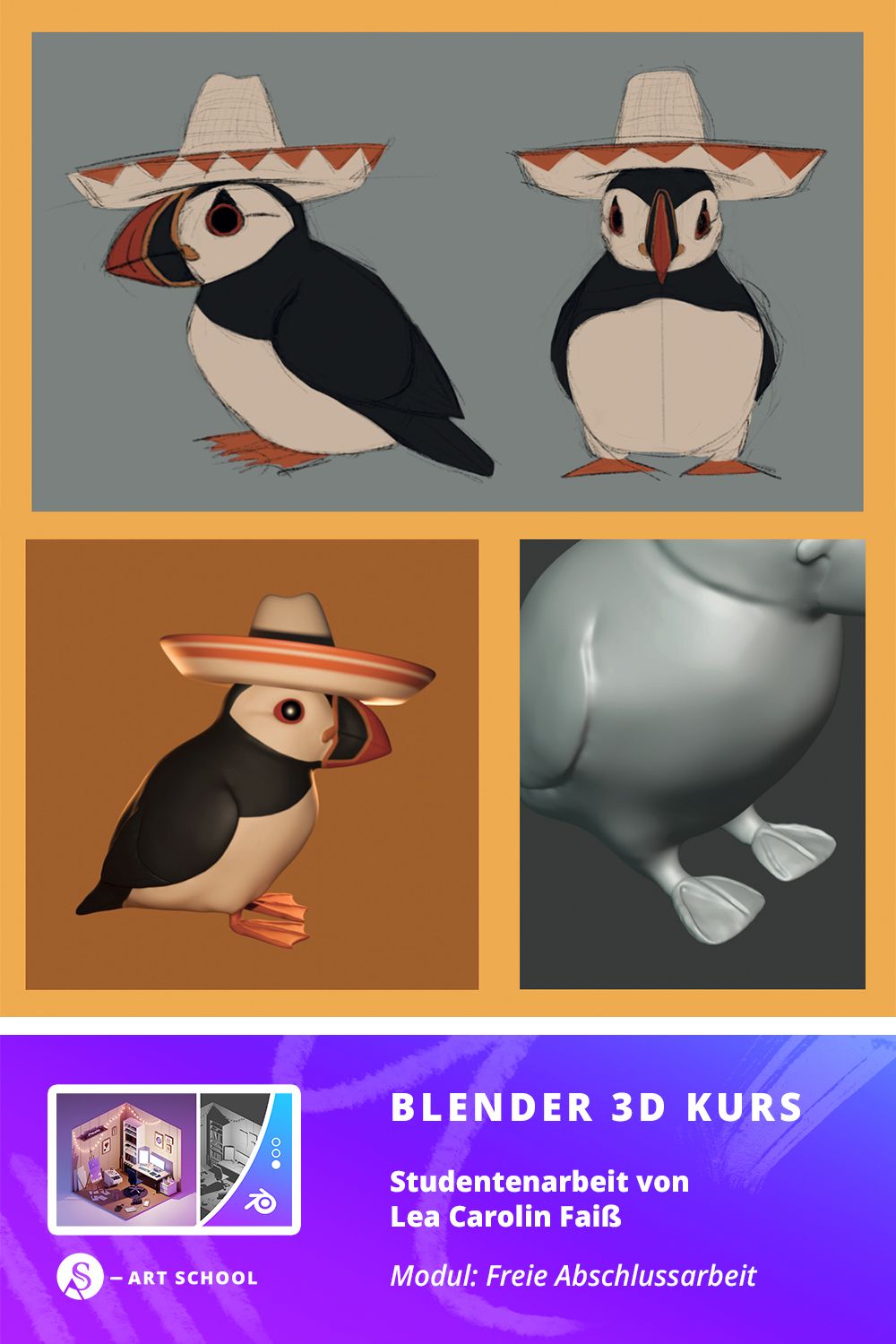 3D-modellierte bunte Vögel mit Sombrero-Hüten in verschiedenen Designs und Perspektiven