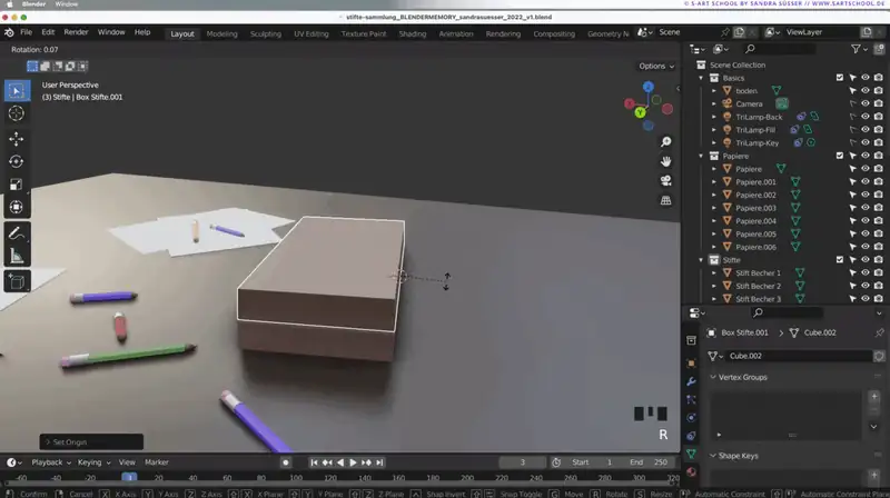Blender 3D-Interface mit 3D-Szene von Schreibtisch: Papiere, Stifte, Notizbuch und andere Gegenstände, Modellierungsprojekt i