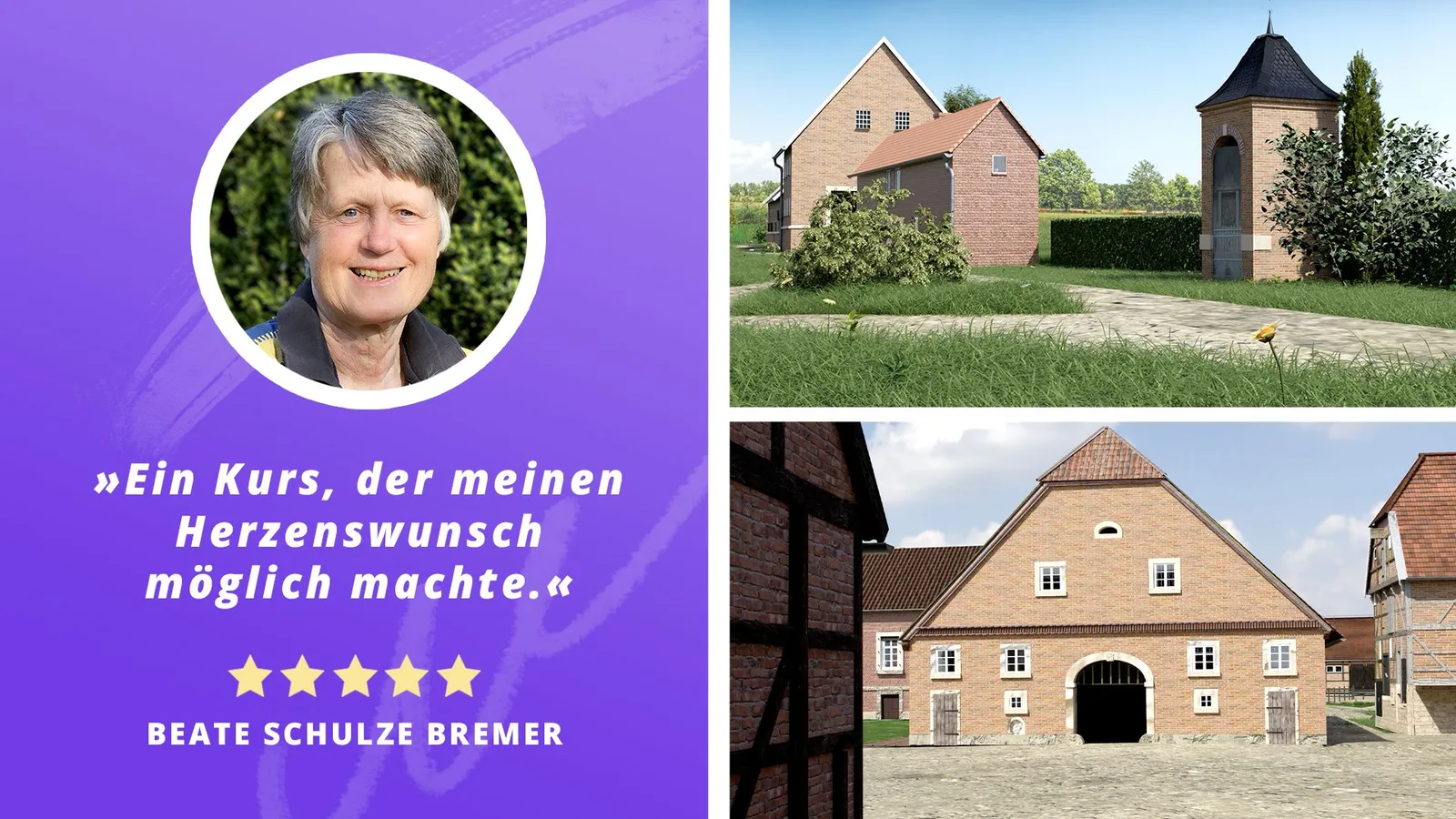 Testimonial von Beate Schulze Bremer mit 3D-modellierten Architektur-Häusern in Blender