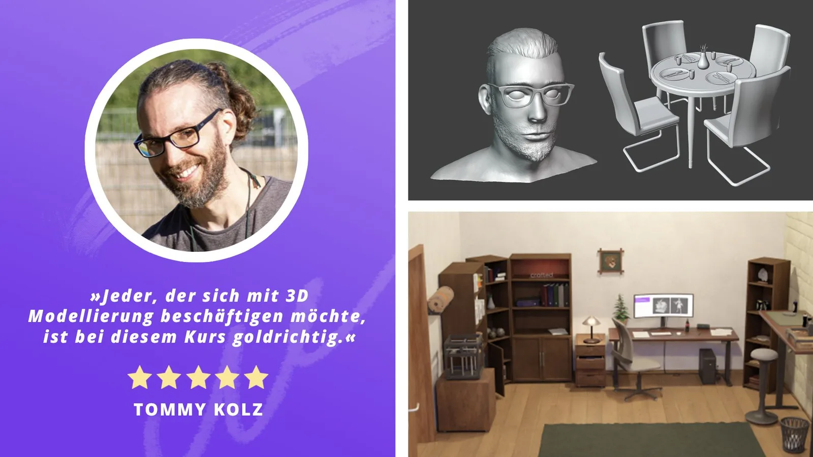 Testimonial von Tommy Kolz mit 3D-modellierten Gesicht, Stühlen und Wohnzimmer in Blender