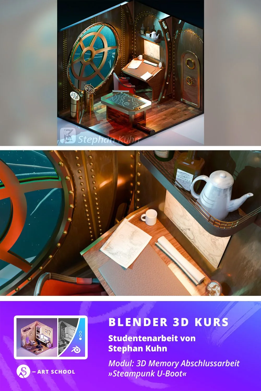 Steampunk-Raum in isometrischer 3D-Ansicht mit Schiffsrad und Schreibtisch, Studentenarbeit von Stephan Kuhn